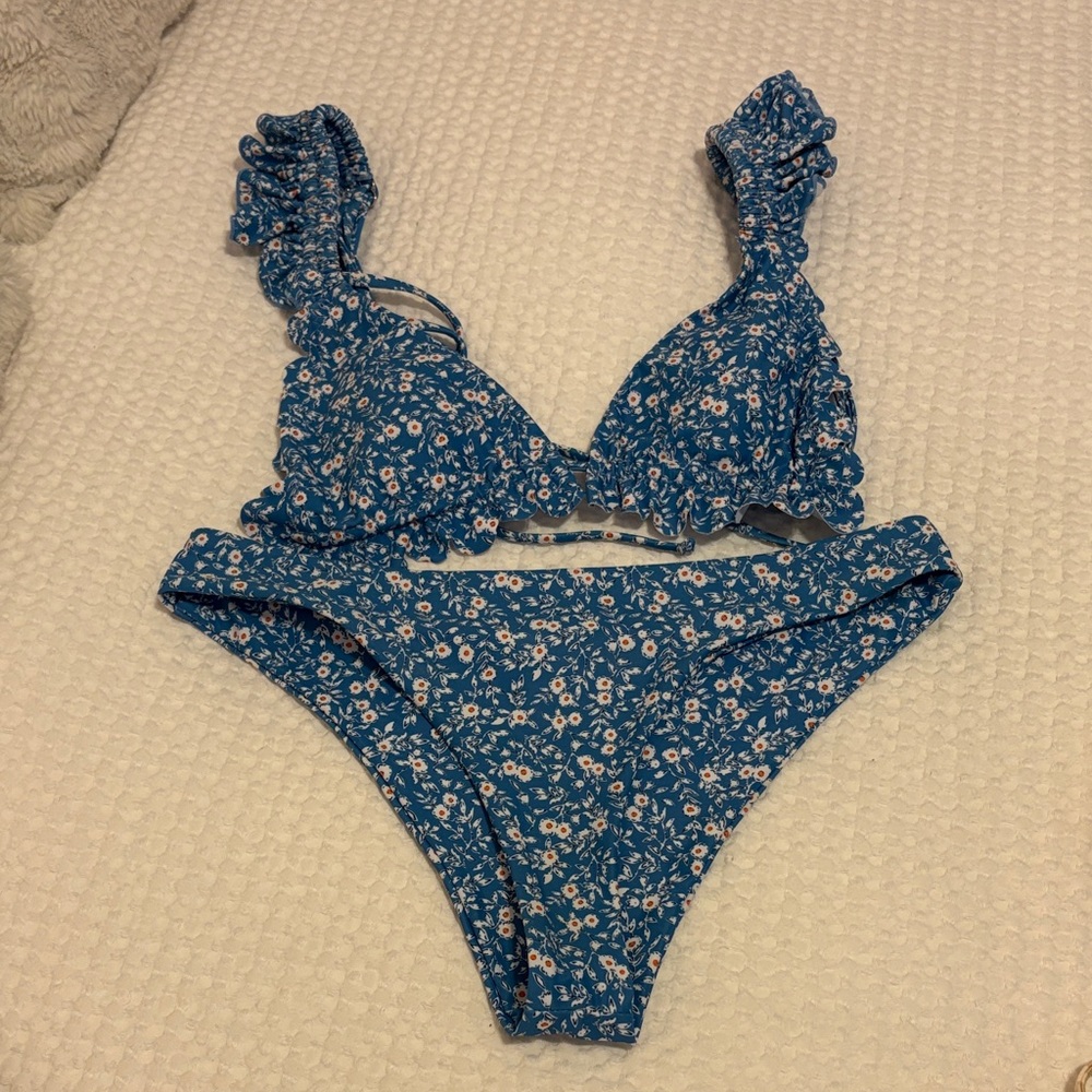 Blue Floral Ruffle Bikini Set